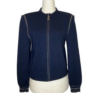 St. John Marie Gray Embellished Santana Knit Zip Up Cardigan Jacket Navy Size 2